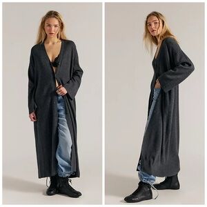 Free People We The Free Side Note Maxi Cardi Wool Blend Long Length Medium Gray‎